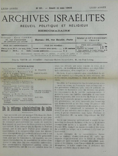Archives israélites de France. Vol.63 N°21 (22 mai 1902)